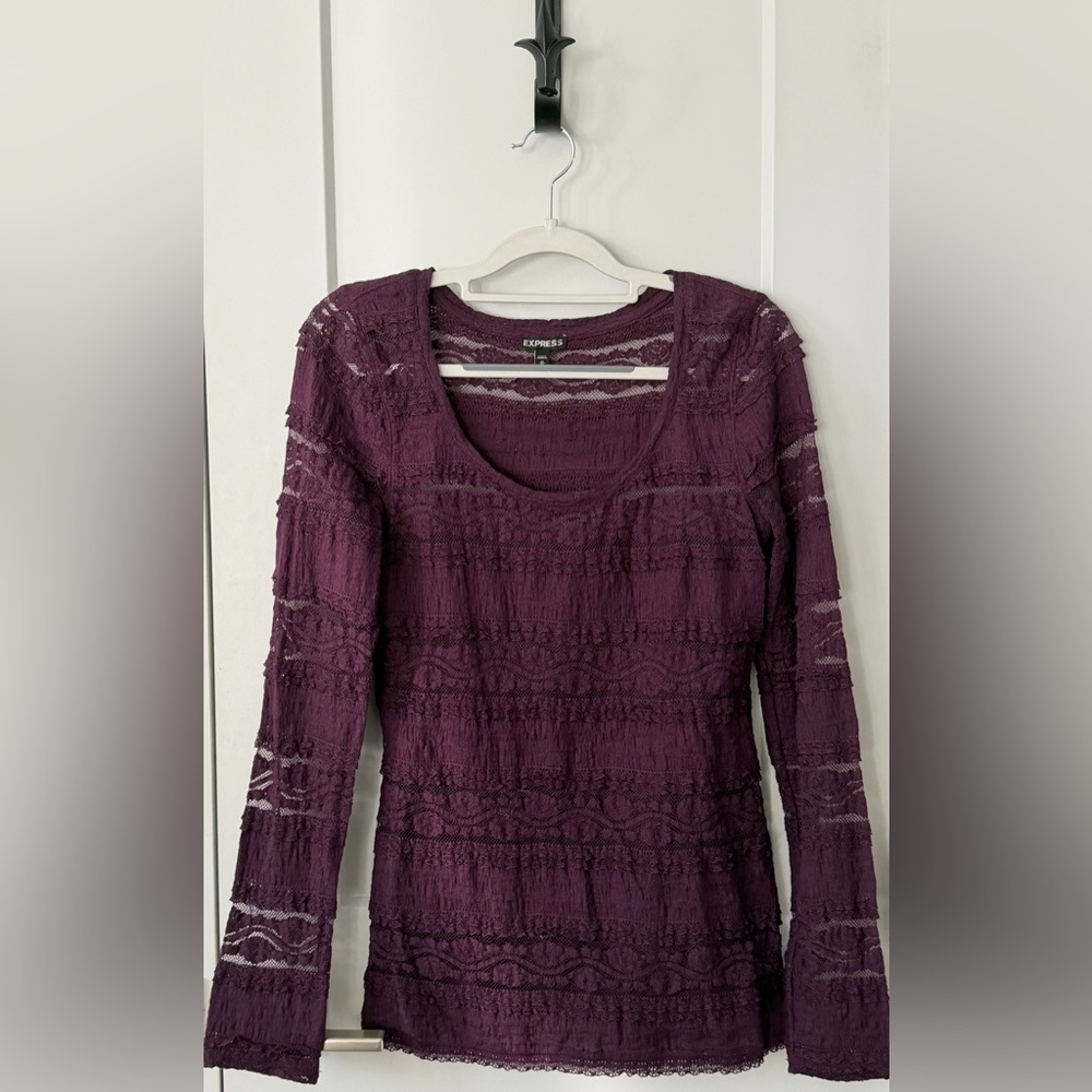 Express Women's Plum/Purple Fitted Lace Long Sleeve Top M